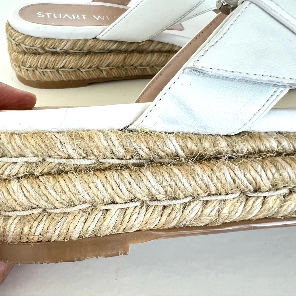 STUART WEITZMAN White Leather Pearl Buckle Thong Slip Espadrille Sandals Sz 6.5